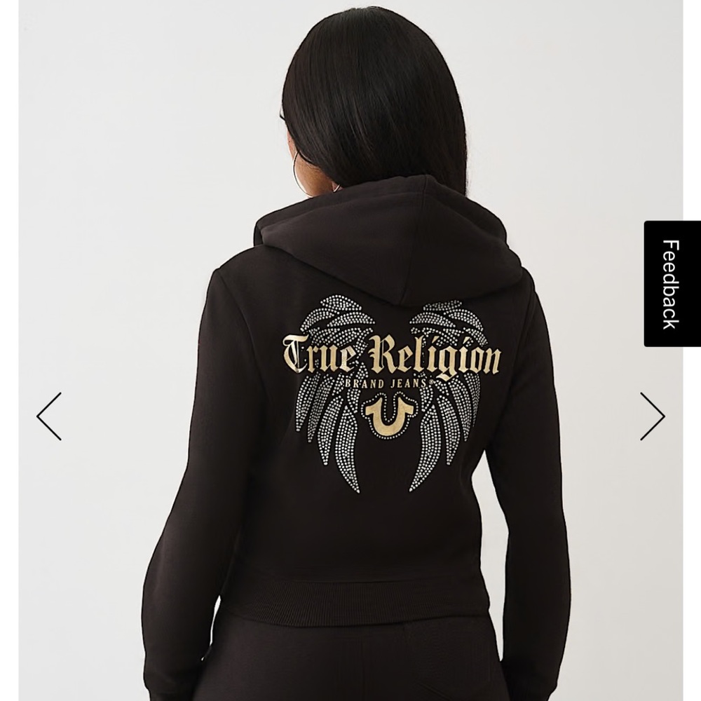 True Religion Black Hoodie with Gold Wing Design